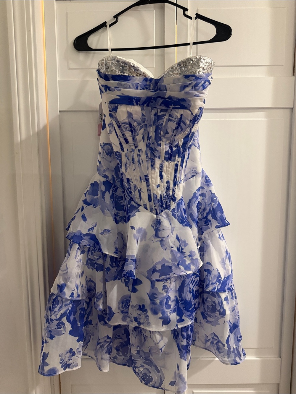 Girls Blue and White Floral Tiered Party Dress